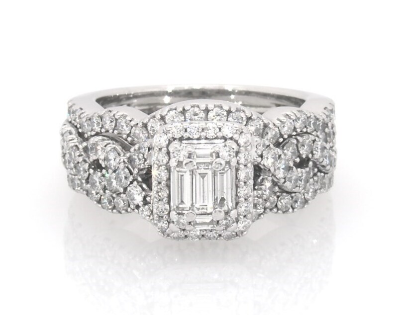 Main Image 1 of Previously Owned Baguette-Cut Multi-Diamond Halo Bridal Set 1-1/4 ct tw 14K White Gold Size 6
