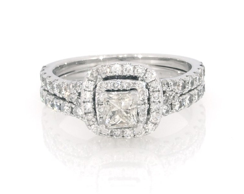 Main Image 1 of Previously Owned Neil Lane Princess-Cut Diamond Double Halo Bridal Set 1-1/3 ct tw 14K White Gold Size 6