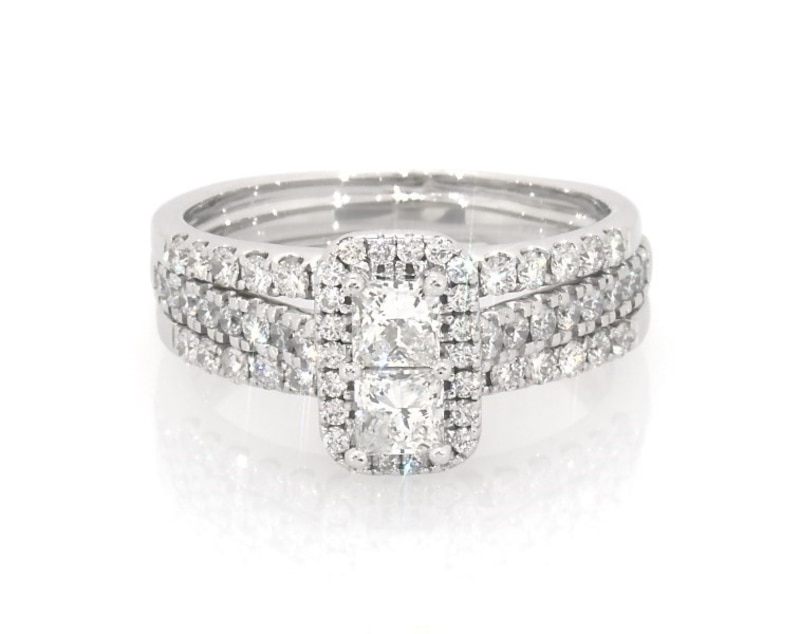 Main Image 1 of Previously Owned Princess-Cut Diamond Stacked Halo Bridal Set 1 1/4 ct tw 14K White Gold Size 7.5