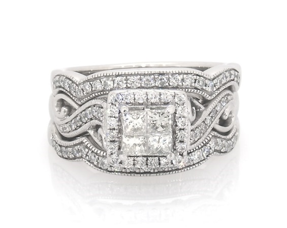 Previously Owned Princess-Cut Quad Diamond Halo Bridal Set 7/8 ct tw 14K White Gold Size 7.5