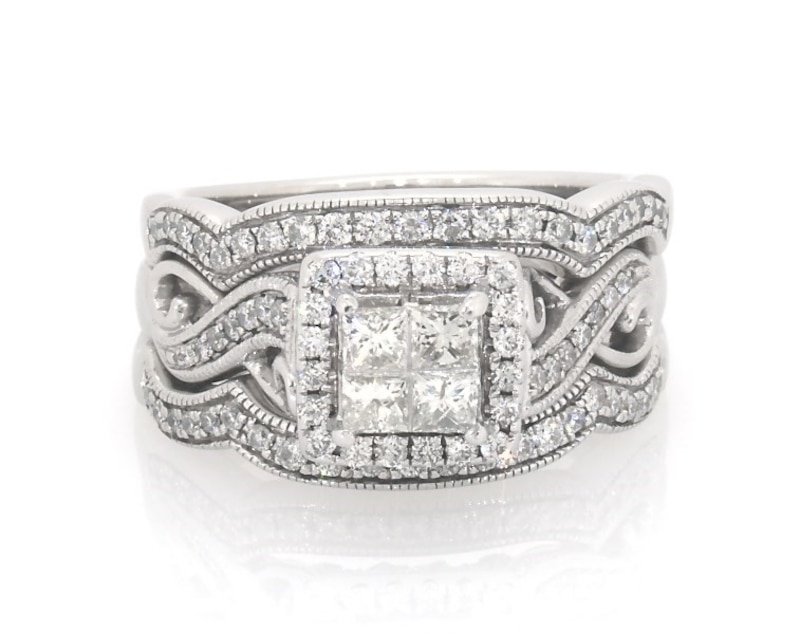 Main Image 1 of Previously Owned Princess-Cut Quad Diamond Halo Bridal Set 7/8 ct tw 14K White Gold Size 7.5