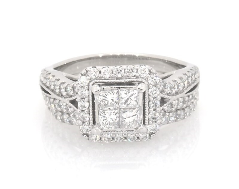 Main Image 1 of Previously Owned Princess-Cut Quad Diamond Halo Bridal Set 1-1/5 ct tw 14K White Gold Size 6.5