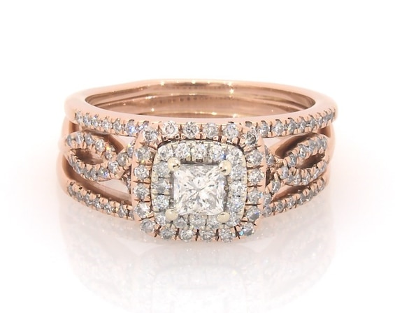 Previously Owned Princess-Cut Diamond Halo Bridal Set 7/8 ct tw 14K Two-Tone Gold Size 6.75