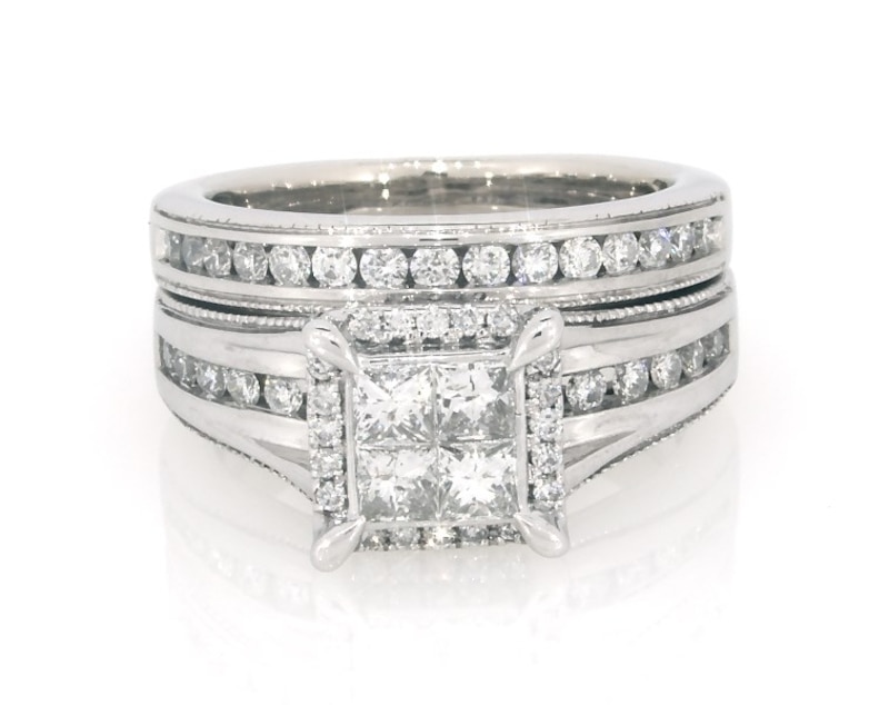 Main Image 1 of Previously Owned Princess-Cut Quad Diamond Bridal Set 7/8 ct tw 14K White Gold Size 5