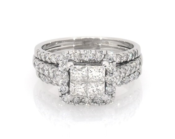 Previously Owned Princess-Cut Quad Diamond Halo Bridal Set 1-7/8 ct tw 14K White Gold Size 7