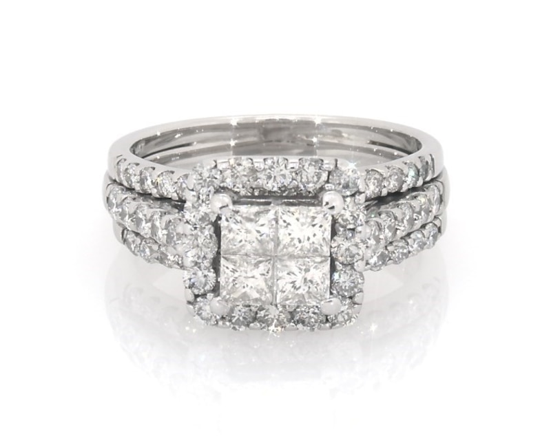 Main Image 1 of Previously Owned Princess-Cut Quad Diamond Halo Bridal Set 1-7/8 ct tw 14K White Gold Size 7