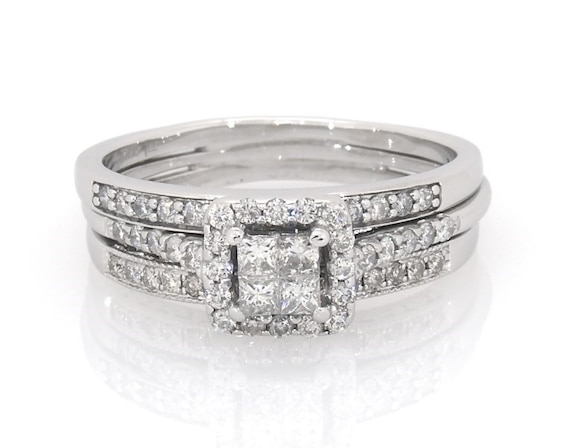 Previously Owned Princess-Cut Quad Diamond Halo Bridal Set 5/8 ct tw 10K White Gold Size 8.25