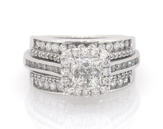 Previously Owned Princess-Cut Quad Diamond Halo Bridal Set 1-3/8 ct tw 14K White Gold Size 7