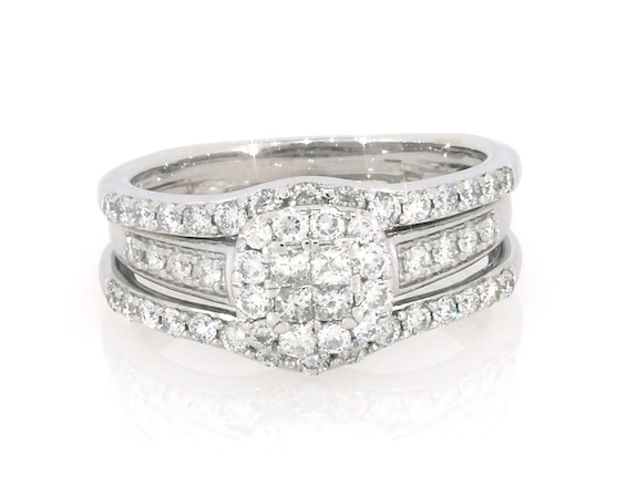 Previously Owned Princess-Cut Quad Diamond Halo Bridal Set 7/8 ct tw 10K & 14K White Gold 7.25