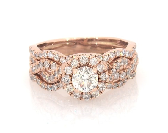 Previously Owned Round-Cut Diamond Halo Bridal Set 1 ct tw 14K Rose Gold Size 5.75