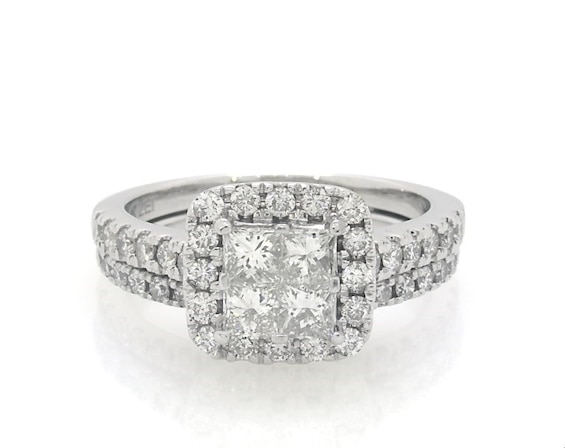 Previously Owned Princess-Cut Quad Diamond Halo Bridal Set 1-1/5 ct tw 10K White Gold Size 5.75