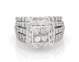 Previously Owned Princess-Cut Quad Diamond Halo Bridal Set 3-7/8 ct tw 14K White Gold Size 6.75