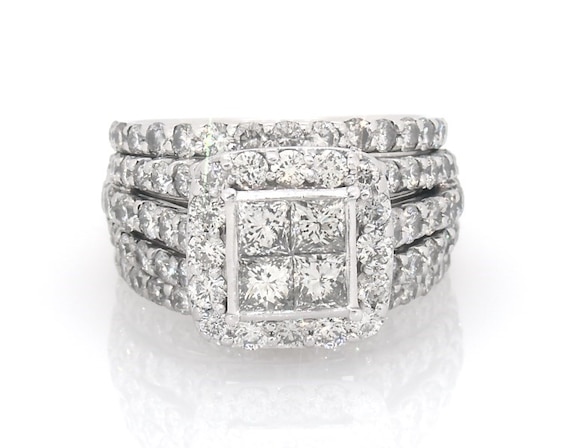 Previously Owned Princess-Cut Quad Diamond Halo Bridal Set 3-7/8 ct tw 14K White Gold Size 6.75