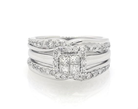 Previously Owned Princess-Cut Quad Diamond Bridal Set 7/8 ct tw 10K & 14K White Gold Size 6.25