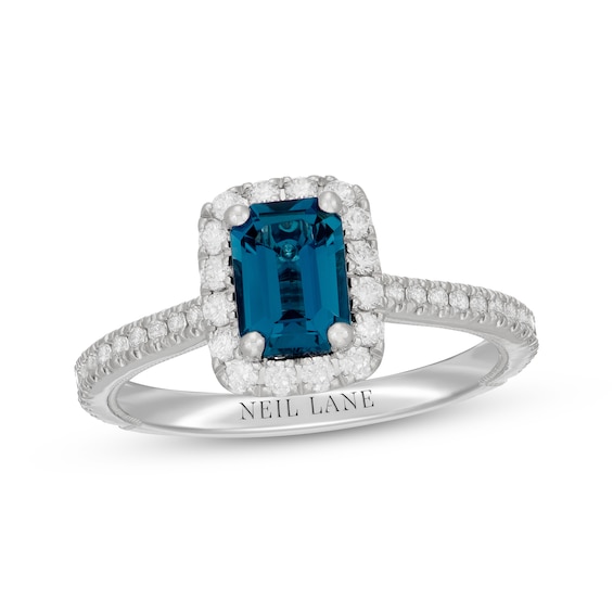 Previously Owned Neil Lane Emerald-Cut London Blue Topaz & White Diamond Engagement Ring 1/2 ct tw 14K White Gold