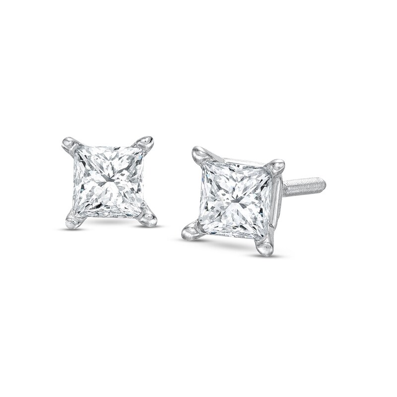 Main Image 1 of Previously Owned KAY Lab-Grown Diamonds Princess-Cut Solitaire Stud Earrings 1/2 ct tw 14K White Gold (F/VS2)