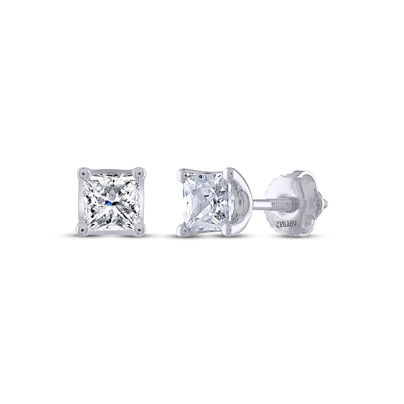 Main Image 1 of Previously Owned THE LEO Legacy Lab-Grown Diamond Princess-Cut Solitaire Stud Earrings 1 ct tw 14K White Gold (F/VS2)