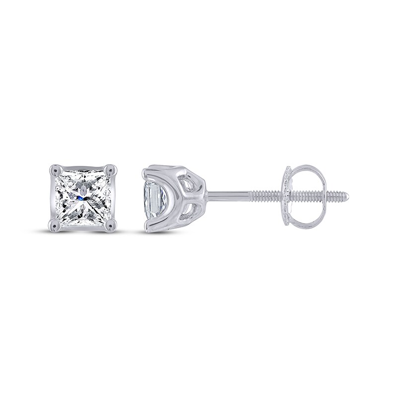 Main Image 3 of Previously Owned THE LEO Legacy Lab-Grown Diamond Princess-Cut Solitaire Stud Earrings 1 ct tw 14K White Gold (F/VS2)