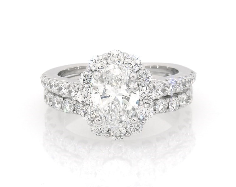 Main Image 1 of Previously Owned Oval-Cut Lab-Grown Diamond Halo Bridal Set 2-1/8 ct tw 14K White Gold Size 4.5