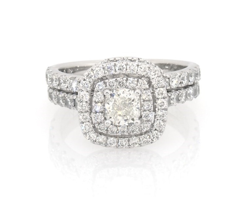 Main Image 1 of Previously Owned Neil Lane Cushion-Cut Diamond Double Halo Bridal Set 1-5/8 ct tw 14K White Gold Size 6.5