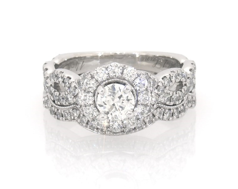 Main Image 1 of Previously Owned Neil Lane Round-Cut Diamond Halo Bridal Set 1-1/4 ct tw 14K White Gold Size 5.25