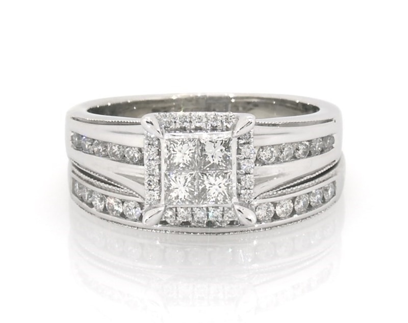 Main Image 1 of Previously Owned Princess-Cut Quad Diamond Bridal Set 7/8 ct tw 14K White Gold Size 7.75