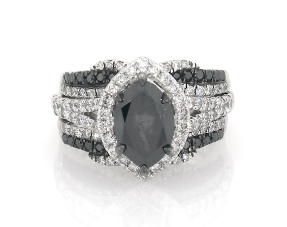 Previously Owned Marquise-Cut Black & White Diamond Bridal Set 3 ct tw 14K White Gold Size 5.25
