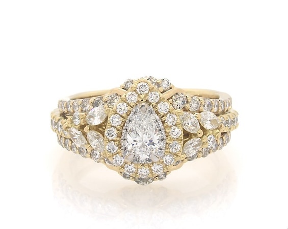 Previously Owned Pear-Shaped Diamond Halo Bridal Set 1-7/8 ct tw 14K Yellow Gold & 18K Two-Tone Gold Size 6.25