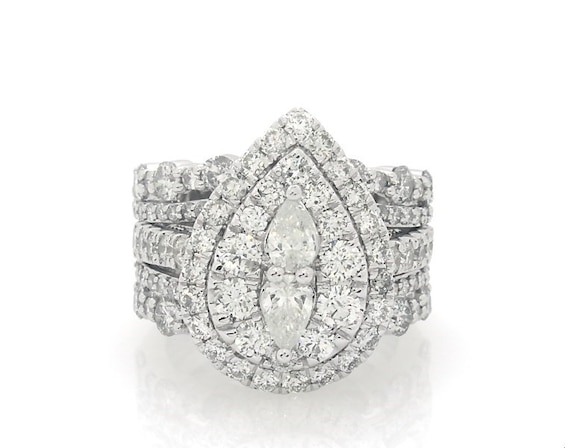 Previously Owned Pear-Shaped Diamond Two-Stone Double Halo Bridal Set 3-1/4 ct tw 14K White Gold Size 4.75