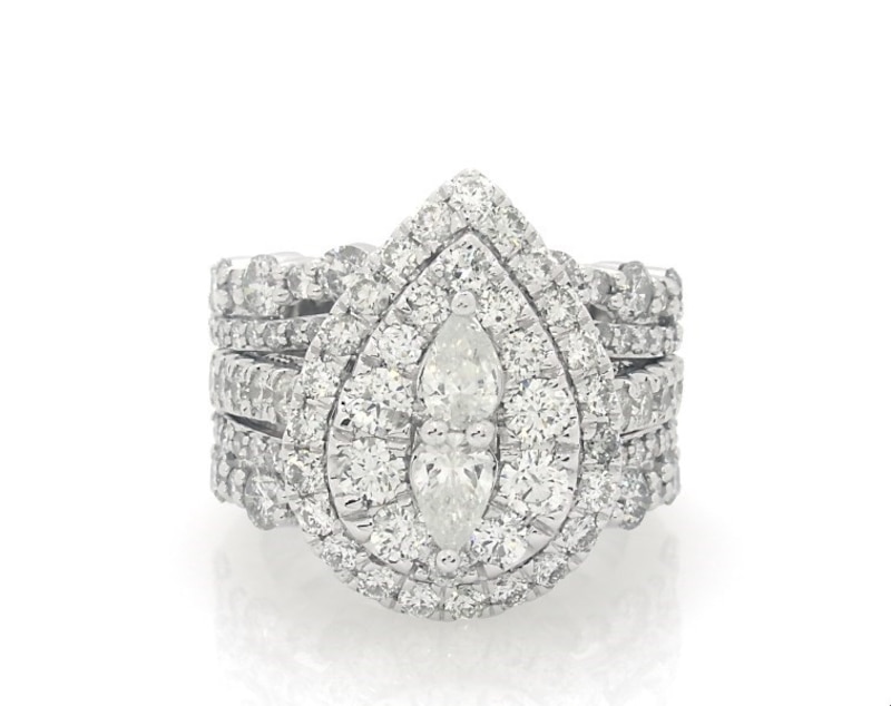 Main Image 1 of Previously Owned Pear-Shaped Diamond Two-Stone Double Halo Bridal Set 3-1/4 ct tw 14K White Gold Size 4.75