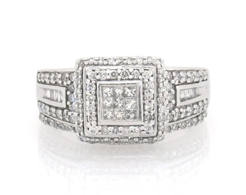Main Image 1 of Previously Owned Multi-Diamond Princess-Cut Halo Bridal Set 1/2 ct tw 10K White Gold Size 5.5