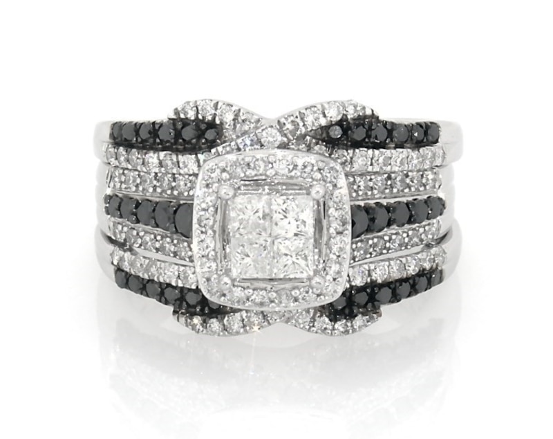 Main Image 1 of Previously Owned Princess-Cut Quad White & Black Diamond Bridal Set 1-1/8 ct tw 14K White Gold Size 7.75