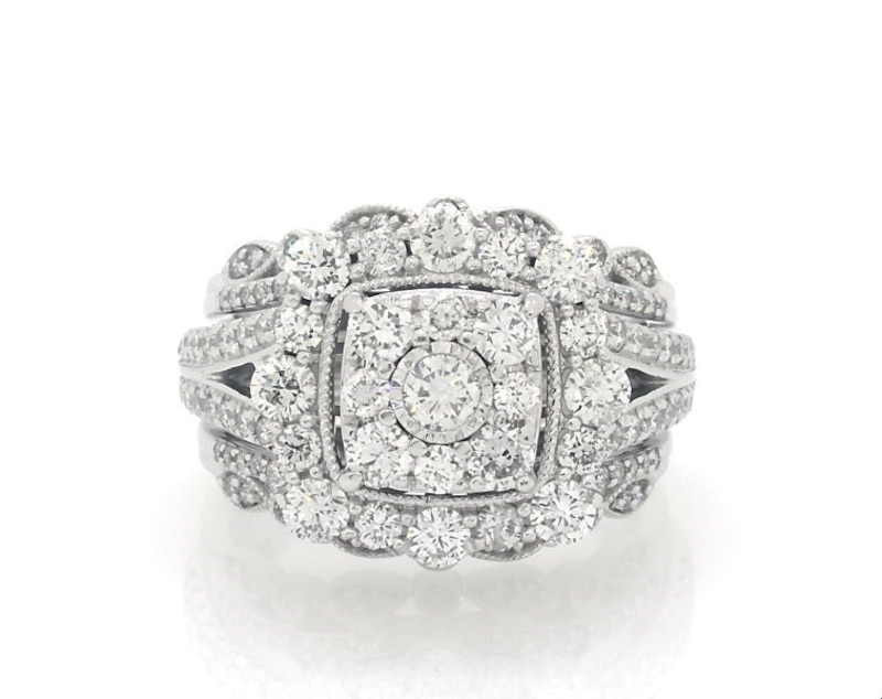Main Image 1 of Previously Owned Multi-Diamond Cushion Halo Milgrain Bridal Set 2 ct tw 14K White Gold Size 7