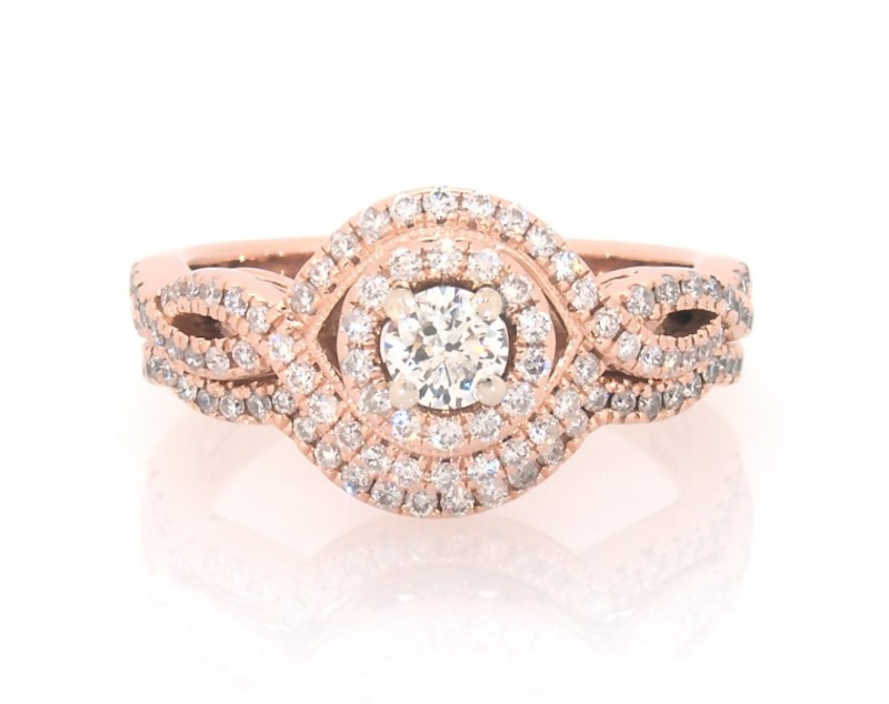 Main Image 1 of Previously Owned Round-Cut Diamond Halo Twist Bridal Set 3/4 ct tw 14K Rose Gold Size 5.5