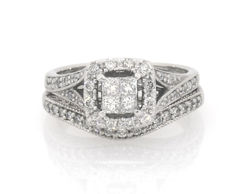 Main Image 1 of Previously Owned Princess-Cut Quad Diamond Bridal Set 5/8 ct tw 14K White Gold Size 5.25