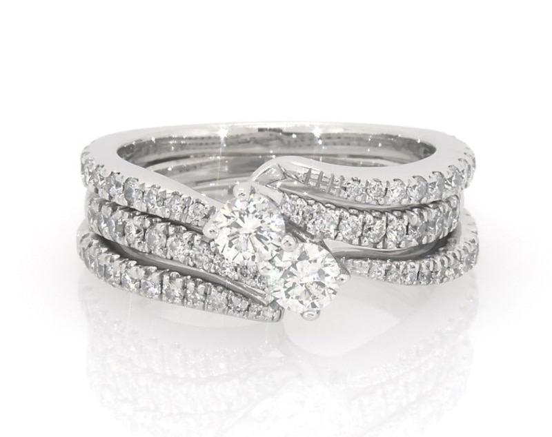 Main Image 1 of Previously Owned Round-Cut Diamond Two-Stone Bridal Set 1-1/5 ct tw 14K White Gold Size 7.75