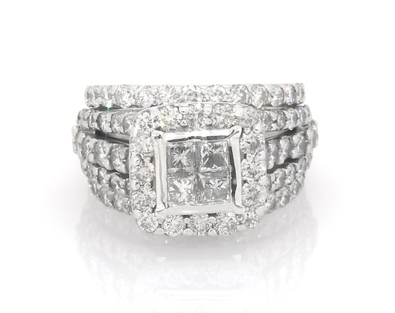 Previously Owned Princess-Cut Quad Diamond Halo Bridal Set 3-7/8 ct tw 14K White Gold Size