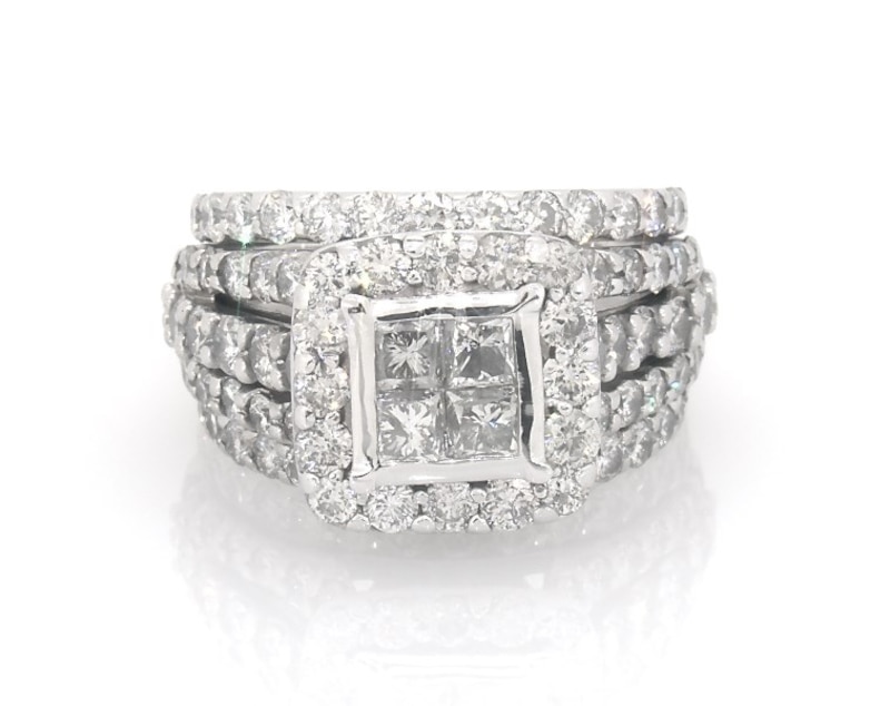 Main Image 1 of Previously Owned Princess-Cut Quad Diamond Halo Bridal Set 3-7/8 ct tw 14K White Gold Size 6.5