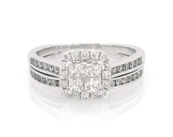 Previously Owned Princess-Cut Quad Diamond Halo Bridal Set 1-1/8 ct tw 14K White Gold Size