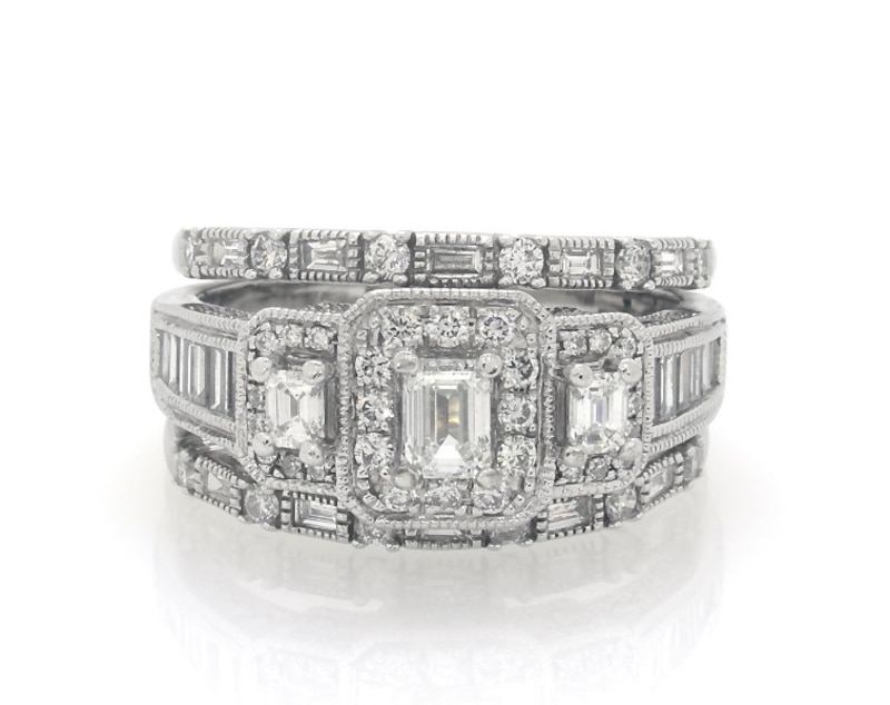 Main Image 1 of Previously Owned Emerald-Cut Diamond Three-Stone Bridal Set 1-7/8 ct tw 14K White Gold Size 8.5