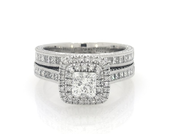 Previously Owned Neil Lane Princess-Cut Diamond Double Halo Bridal Set 2-1/6 ct tw 14K White Gold Size 7.5