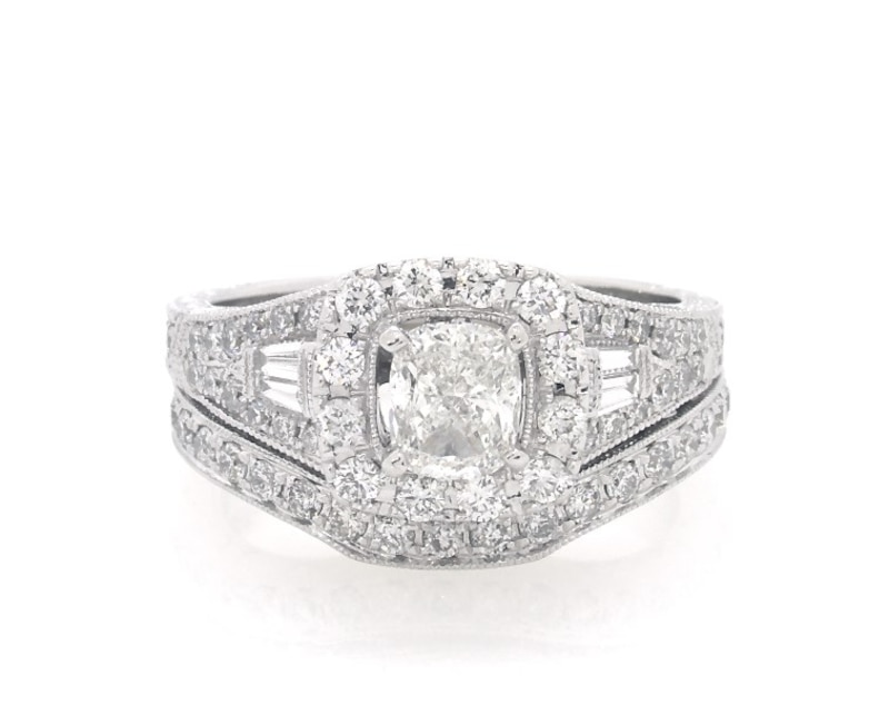 Main Image 1 of Previously Owned Neil Lane Cushion-Cut Diamond Halo Bridal Set 1-3/4 ct tw 14K White Gold Size 6