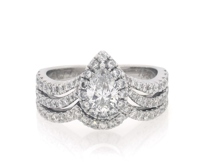 Main Image 1 of Previously Owned Neil Lane Studio Pear-Shaped Diamond Halo Bridal Set 1-1/3 ct tw 14K White Gold Size 5