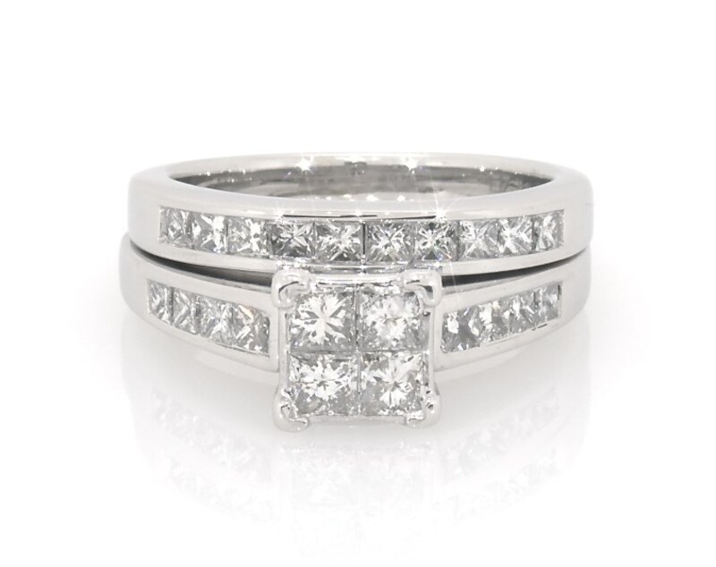 Main Image 1 of Previously Owned Princess-Cut Quad Diamond Bridal Set 1-1/6 ct tw 14K White Gold Size 5.5