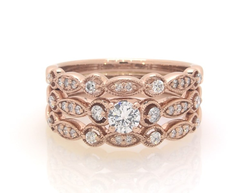Main Image 1 of Previously Owned Adrianna Papell Round-Cut Diamond Bridal Set 1/2 ct tw 14K Rose Gold Size 7