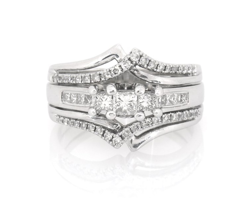 Main Image 1 of Previously Owned Princess-Cut Three-Stone Diamond Bridal Set 5/8 ct tw 14K White Gold Size 7.5