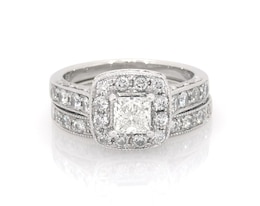 Previously Owned Princess-Cut Diamond Halo Bridal Set 1-1/5 ct tw 14K White Gold Size 5