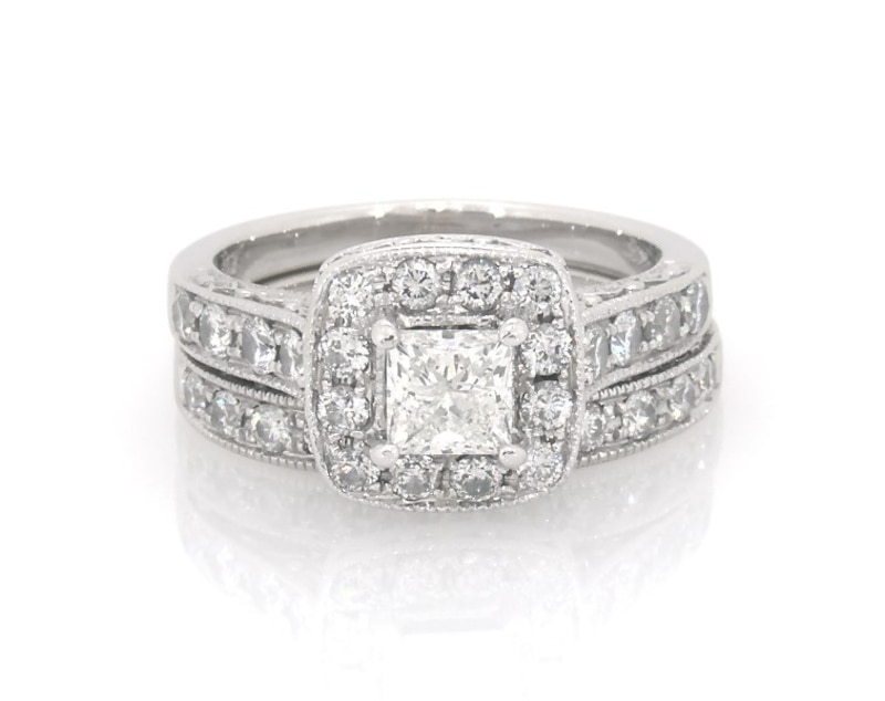 Main Image 1 of Previously Owned Princess-Cut Diamond Halo Bridal Set 1-1/5 ct tw 14K White Gold Size 5