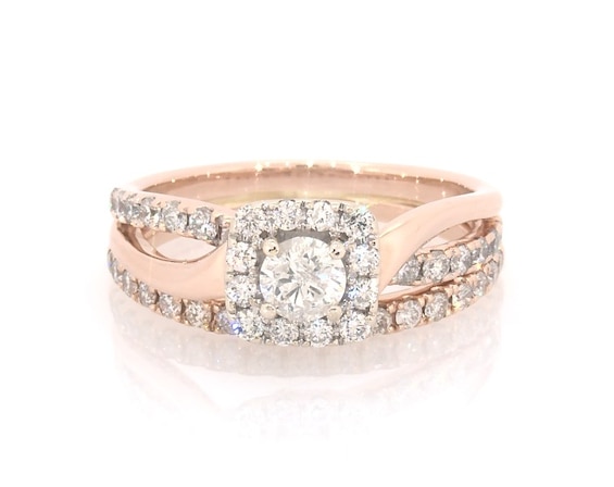 Previously Owned Round-Cut Diamond Halo Bridal Set 7/8 ct tw 10K Rose Gold, 14K & White Gold 6