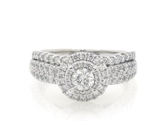 Previously Owned Round-Cut Diamond Double Halo Bridal Set 1 ct tw 14K White Gold 7